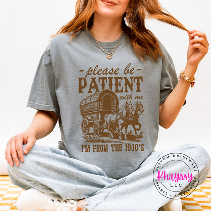 Soft Comfort Colors generational humor tee with vintage covered wagon design