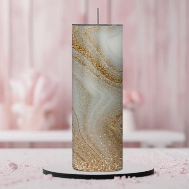 White and Gold Marble 20oz Tumbler with Straw