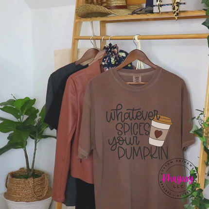 Espresso graphic tee with a Whatever Spices Your Pumpkin design.