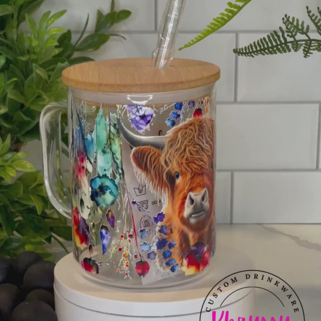 READY TO SHIP Highland Charm: 17oz Clear Glass Coffee Mug with Straw
