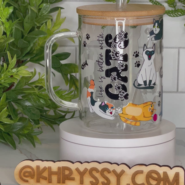 Life is Purrfect with Cats: 17oz Clear Glass Coffee Mug with Straw