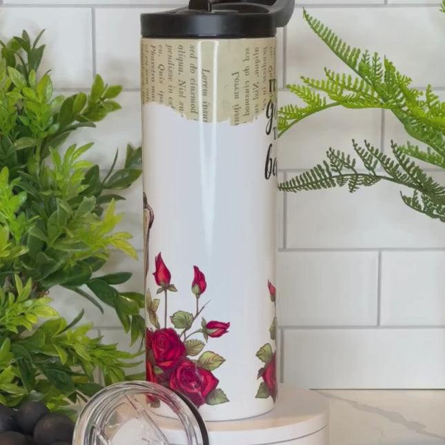 READY TO SHIP 20oz Roses & Pages Skeleton Reading Tumbler - Embrace the Day with a Bad Book