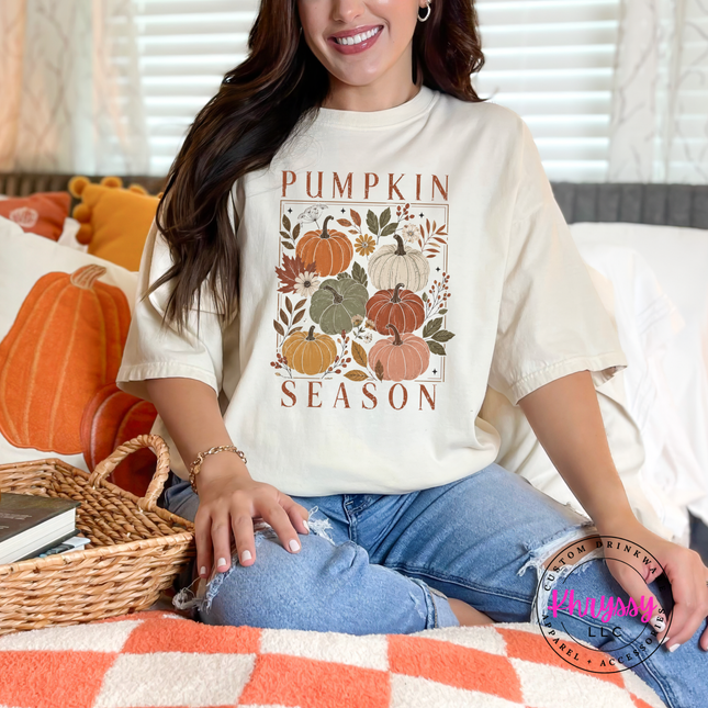 Pumpkin Season graphic tee in Ivory, featuring a muted floral pumpkin block print.