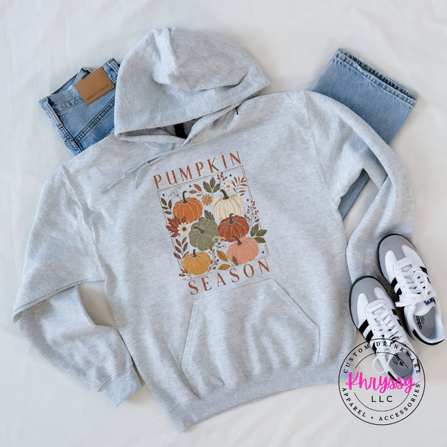 ash hoodie featuring a muted rust and sage pumpkin block print.