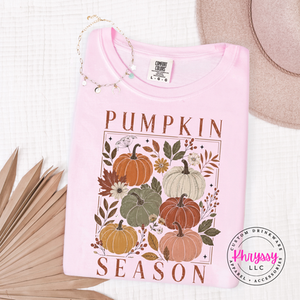Blossom pink graphic tee styled with denim, featuring a floral pumpkin block print.