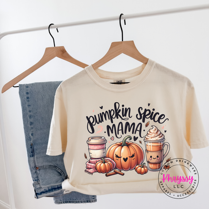 Ivory garment-dyed tee showing a cute pumpkin spice graphic.