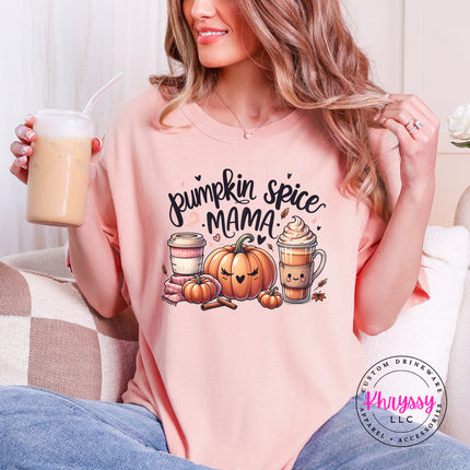 Peachy tee with the smiling pumpkin and latte pumpkin spice mama print