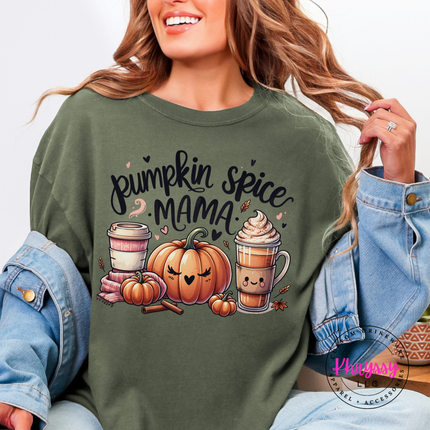 Sage tee with the cozy pumpkin spice mama graphic