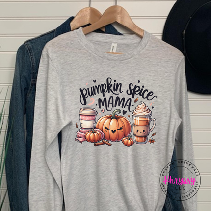 Woman wearing an Ash Bella+Canvas long sleeve with a Pumpkin Spice Mama graphic.