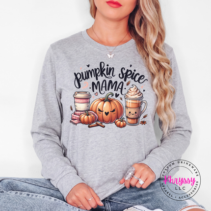 Athletic Heather long sleeve tee with the pumpkin spice mama latte and pumpkin graphic
