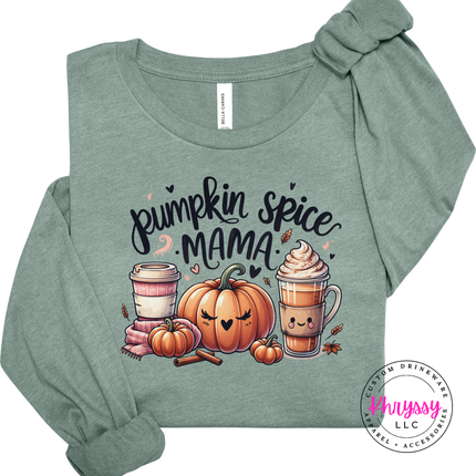 Heather Dusty Blue long sleeve tee with the pumpkin spice mama fall design