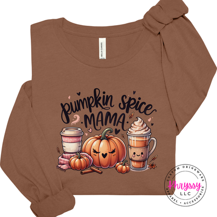Chestnut long sleeve featuring a pumpkin and coffee mug design.