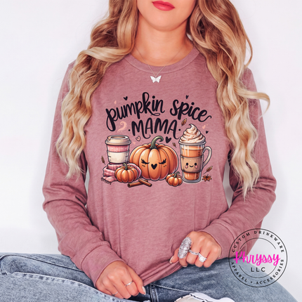 Heather Mauve long sleeve tee with the smiling pumpkin and latte pumpkin spice mama print