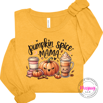 Heather Mustard long sleeve tee with the cozy pumpkin spice mama graphic
