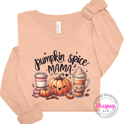 Heather Peach long sleeve tee with the pumpkin spice mama latte and pumpkin graphic