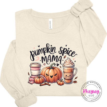 Heather Natural long sleeve showing a cute pumpkin spice graphic.