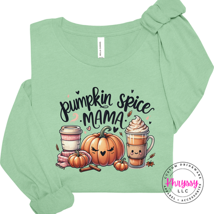 Mint long sleeve tee with the smiling pumpkin and latte pumpkin spice mama print