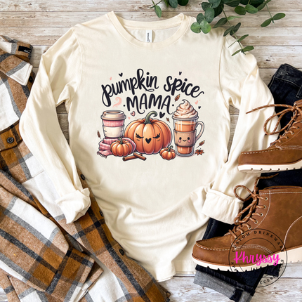 Natural lightweight cotton long sleeve styled for fall with a pumpkin mama print.