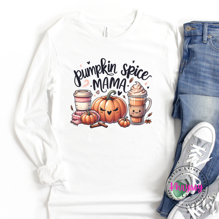 white long sleeve tee with the pumpkin spice mama latte and pumpkin graphic