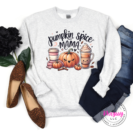 Woman wearing an Ash crewneck sweatshirt with a Pumpkin Spice Mama fall graphic.