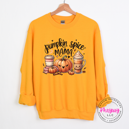 Gold heavyweight crewneck showing a cute pumpkin spice graphic.
