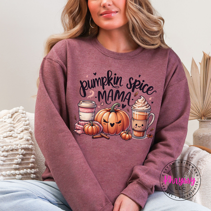 Woman wearing an heather dark maroon crewneck sweatshirt with a Pumpkin Spice Mama fall graphic.