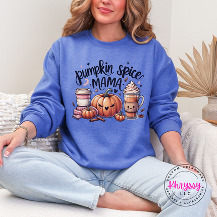 Heather royal fleece crewneck with a warm pumpkin spice design.