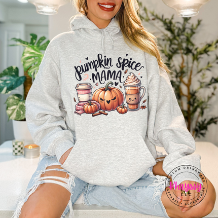 Woman wearing an Ash heavyweight hoodie with a Pumpkin Spice Mama fall graphic.