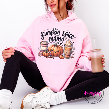 Light Pink hoodie with kangaroo pocket showing a cute pumpkin spice graphic.