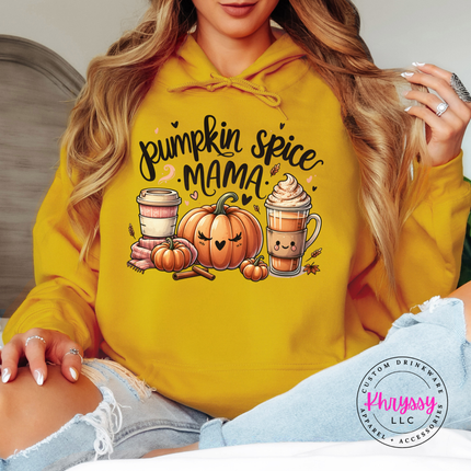 Gold hoodie with the cozy pumpkin spice mama graphic