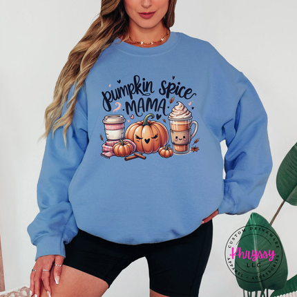 Carolina Blue hoodie with the smiling pumpkin and latte pumpkin spice mama print
