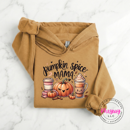 Old Gold heavyweight hoodie styled for fall with a pumpkin mama print.