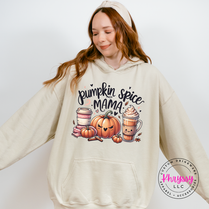 Sand fleece hoodie with drawstring hood and a warm pumpkin spice design.