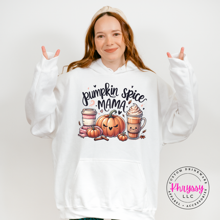 White hoodie with the pumpkin spice mama fall design