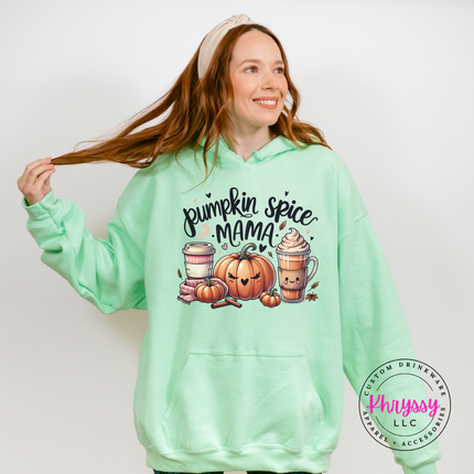 Cozy Mint fleece hoodie featuring a pumpkin and coffee mug design.
