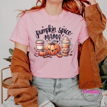 Woman wearing a Blossom tee with the pumpkin spice mama latte and pumpkin graphic