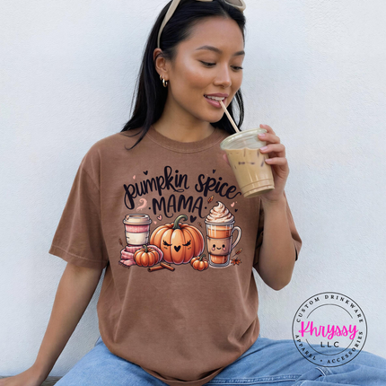 Woman wearing an Espresso Comfort Colors tee with a Pumpkin Spice Mama fall graphic.