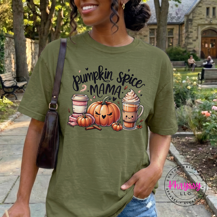 Soft Hemp pigment-dyed tee featuring a pumpkin and coffee mug design.