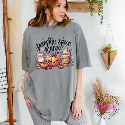 Gray tee with the cozy pumpkin spice mama graphic