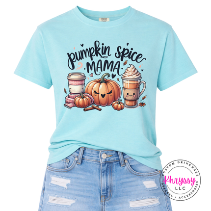 Chalky Mint tee with the smiling pumpkin and latte pumpkin spice mama print