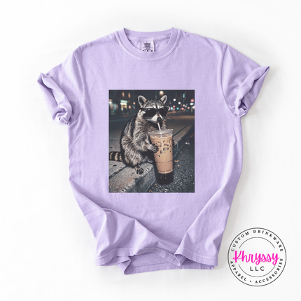 Raccoon Iced Coffee Sunglasses Funny Women's Comfort Colors Tee