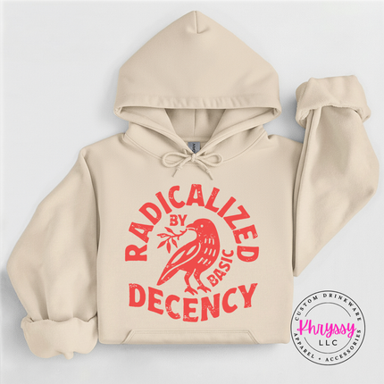 Substantial activism humor pullover with striking red raven design