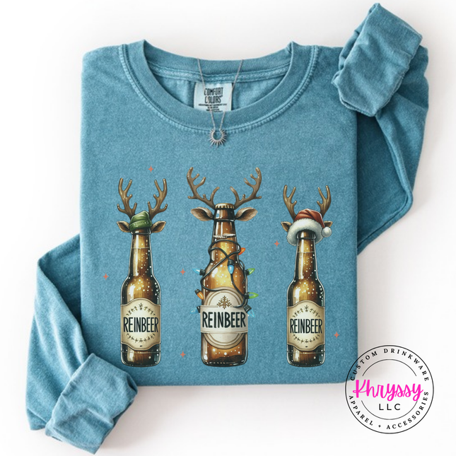 Ice Blue long sleeve tee featuring three reindeer beer bottles with Reinbeer labels.
