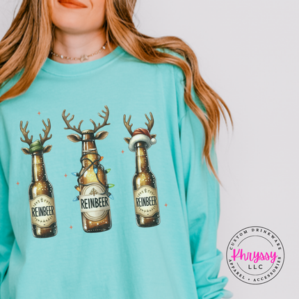 Close up of the Reinbeer reindeer beer art on a Chalky Mint long sleeve tee.