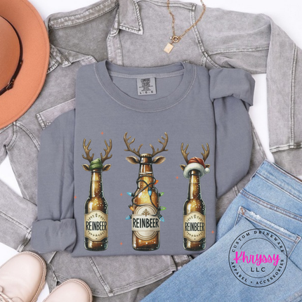 Granite long sleeve tee showing antlered beer bottles with twinkle lights.