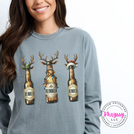 Flat lay of the Reinbeer reindeer beer Christmas long sleeve tee in Gray.