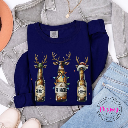Close up of the Reinbeer reindeer beer art on a True Navy long sleeve tee.