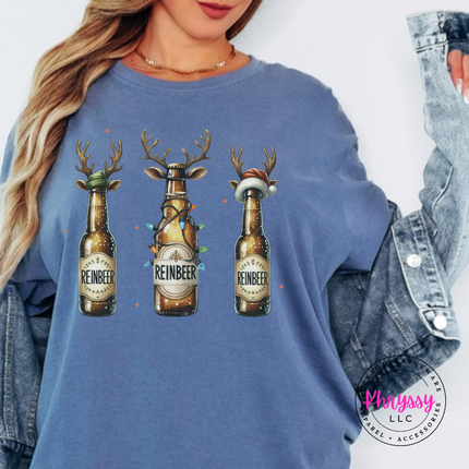 Blue Jean tee featuring three reindeer beer bottles with Reinbeer labels.