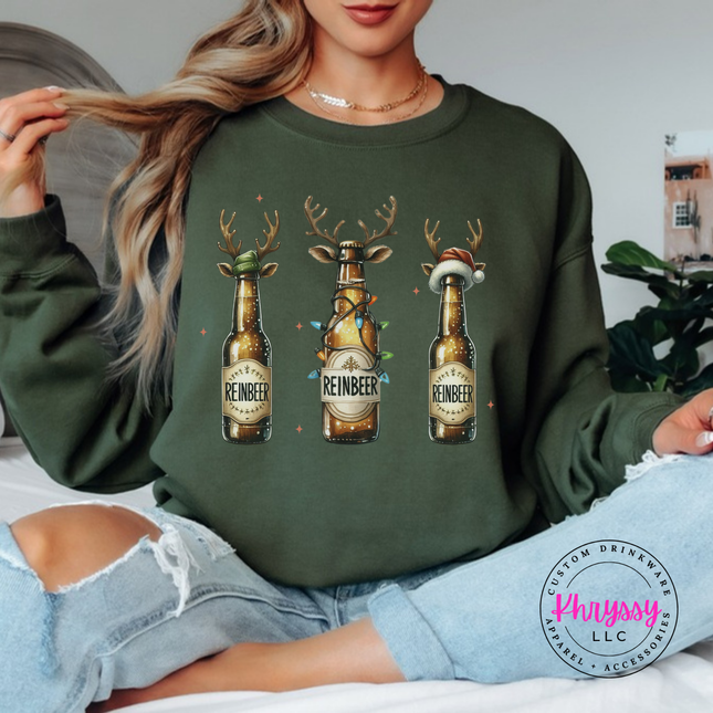 Model wearing the Reinbeer reindeer beer crewneck sweatshirt in Military Green.