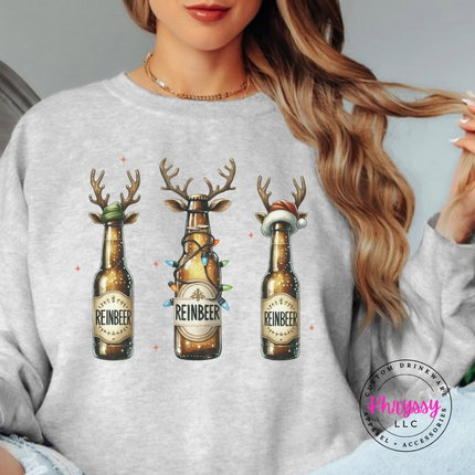 Ash crewneck sweatshirt featuring three reindeer beer bottles with Reinbeer labels.